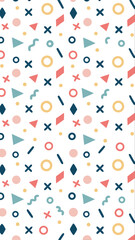 Playful abstract geometric pattern featuring colorful shapes and repeating elements on a white background