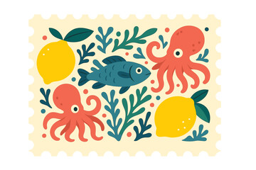 Vibrant depiction of marine life and Sicilian lemons embodying the lively coastal culture of Amalfi