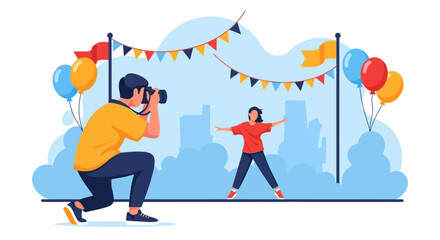Photographer Captures Model Posing Against Festive Cityscape Background at the Event