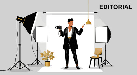 Professional Photographer Posing In A Studio With Lighting Equipment Setup