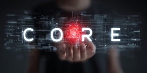 A futuristic technology concept showing a hand holding the word 'CORE' with the letter 'O' as a glowing red neural network, surrounded by a complex holographic data interface.