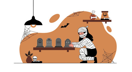 Spooky Decorations For Halloween Holiday Placed On A Decorative Brown Background