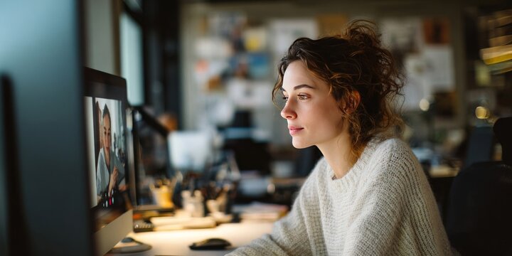 A focused young businesswoman works late in a dimly lit office, attentively participating in a remote business meeting or a strategy session on her computer via video call.