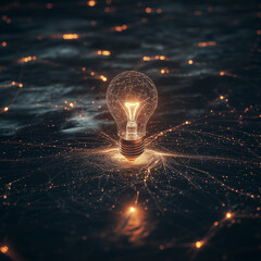 Digital light bulb on glowing connected grid representing technology and vision