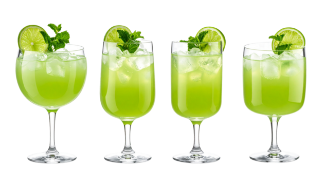 green cocktail glasses garnished with mint leaves and lemon slices isolated on transparent background