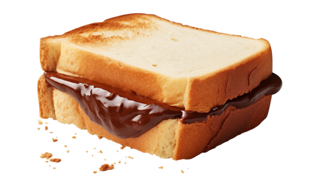 Delicious chocolate spread sandwich on toast for breakfast or snack time on transparent background