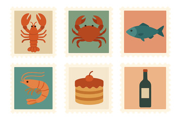 Stamps highlighting Amalfi's traditional cuisine and drinks that display its cultural legacy