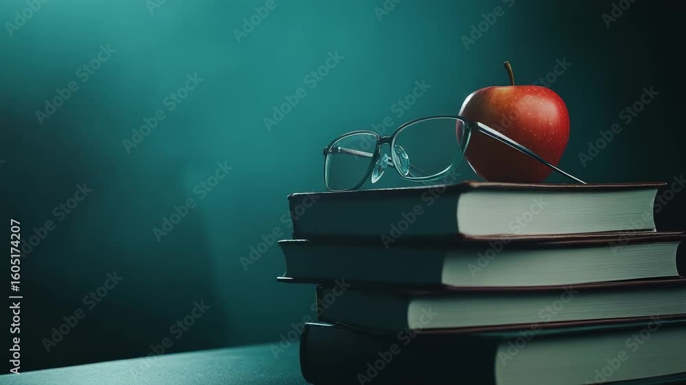 Poster eyeglasses resting on a stack of books with a red apple on top, creating a back to school atmosphere