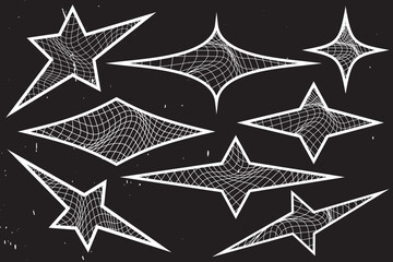 Wireframe Y2K Stars — Monochrome Vector Set. A collection of retro-futuristic wireframe stars in a clean black and white style. Perfect for Y2K-inspired designs, posters, and vaporwave aesthetics.