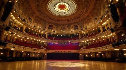 Obraz premium Grand hall with ornate architecture and red seating