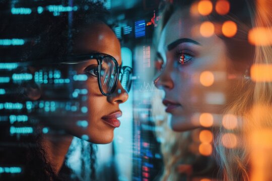 Diverse female colleagues engaged in financial data processing with digital elements in the background, financial data processing over diverse female colleagues discussing work in office