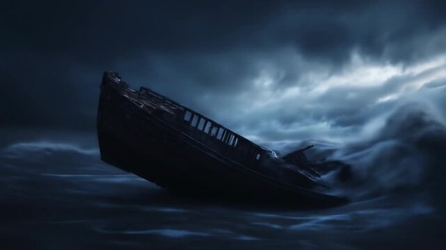 Abandoned shipwreck battles turbulent ocean storm with dramatic dark blue sky lighting.