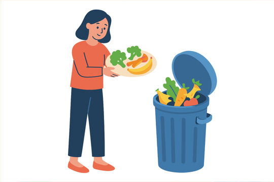 Vector graphic illustration of a woman discarding food into the trash, ideal for international awareness day of food loss and waste, suitable for greeting cards and celebrations