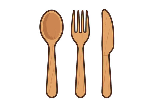 Flat vector cartoon illustration of a zero waste reusable wooden spoon, fork and knife made from sustainable materials, specifically durable bamboo cutlery, isolated on white background