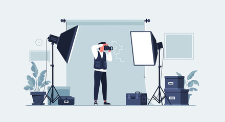 Photographer Capturing Images In a Modern Studio With Professional Lighting