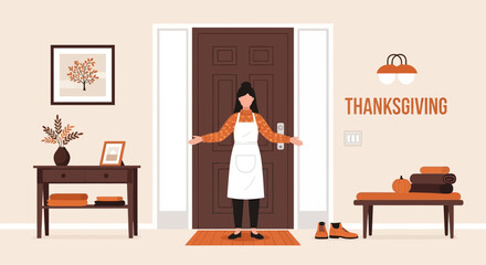 Welcoming Hostess At The Door Preparing For A Thanksgiving Day Celebration