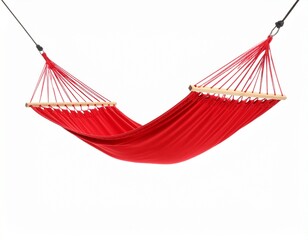 Red Hammock with White Rope and Wooden Spreader Bars