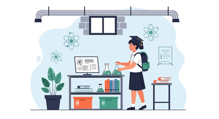 Student Girl In Science Class Doing Experiment With Chemistry Beakers