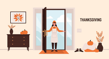 Fototapeta premium Welcoming Thanksgiving Hostess Opens Door For Holiday Celebration Guests