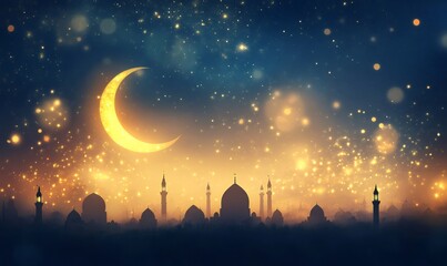 Obraz premium Golden crescent moon illuminating shadowy mosque silhouettes, misty backdrop symbolizing spiritual reverence during mawlid al-nabi festival