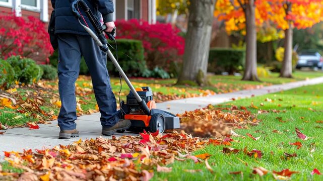 Autumn Leaf Blower: Cleaning Up Fall Leaves on Sidewalk