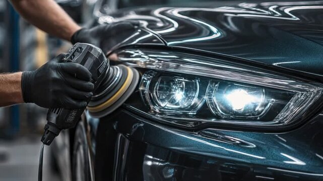 A professional detailer polishes the hood of a dark luxury car, focusing on the headlight