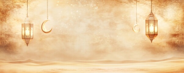 Golden lanterns, crescent moons decorating desert landscape, evoking spiritual ambiance celebrating mawlid al-nabi, prophet muhammad's birthday commemoration