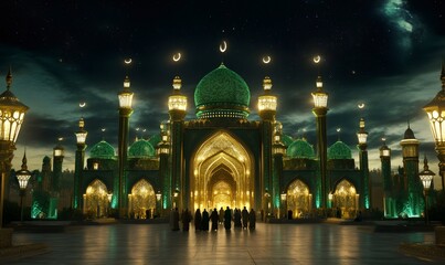 Illuminated mosque standing majestically under starry sky, crescent moons gleaming. Muslim pilgrims congregating in courtyard, celebrating mawlid al-nabi commemorating prophet muhammad's birth