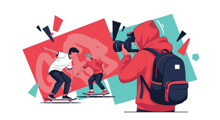 Photographer Capturing Skateboarders In Urban Environment Action Photography Concept