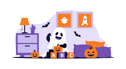 Whimsical Halloween Scene Ghost With Pumpkins And Alphabet Blocks Holiday Fun