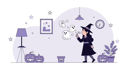 Whimsical Witch Blowing Ghost Bubbles In Spooky Home Festive Halloween Scene