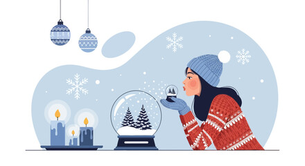 Whimsical Winter Scene Girl Blowing Snow Globe with Festive Decoration