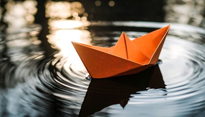 Obraz premium Orange paper boat on rippled water