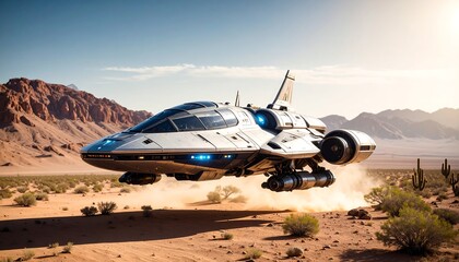 Futuristic craft in desert landscape
