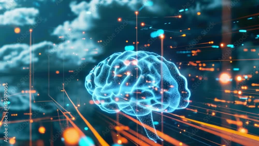Poster abstract representation of a brain with digital network lines