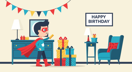 Superhero Birthday Celebration With Presents And Decorations In Living Room