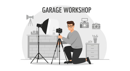 Photographer In His Home Studio Setting Up Camera On A Tripod