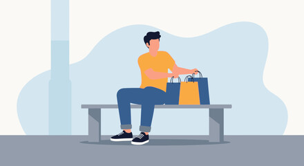 Relaxed Man Enjoying Shopping Resting On Bench With Shopping Bags
