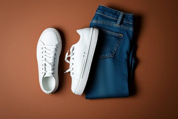 A set of white leather sneakers and blue jeans on a brown background