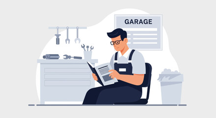 Relaxed Mechanic Reads Workshop Manual Inside a Car Service Garage