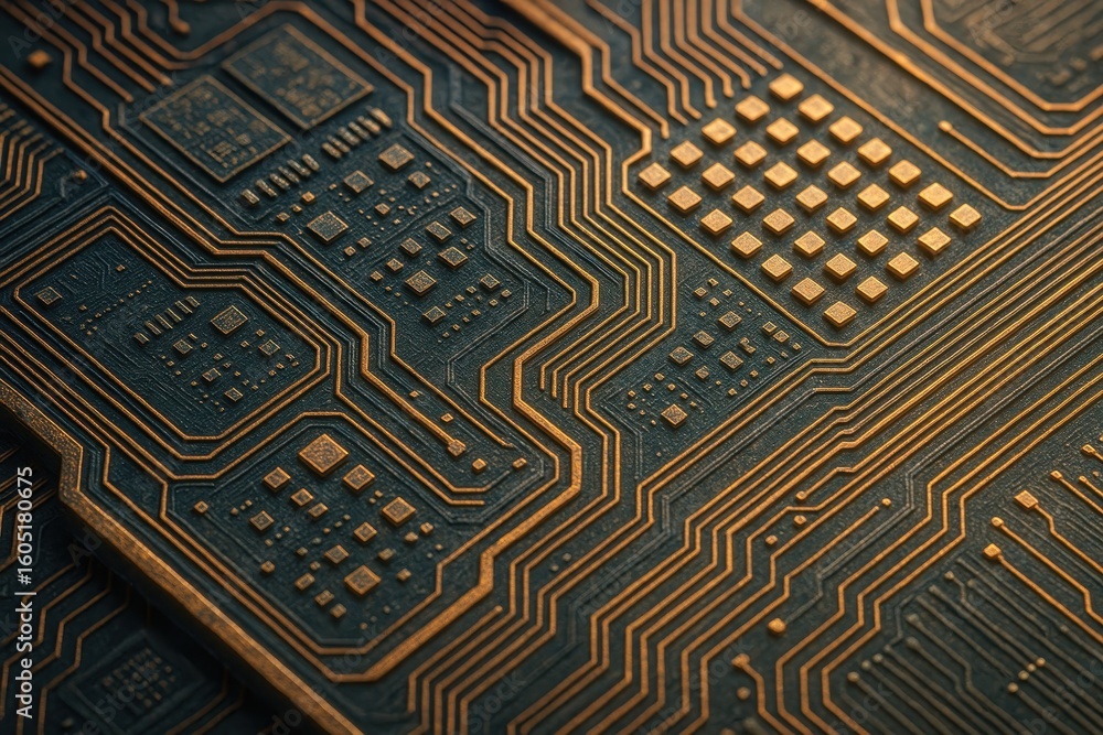 Poster advanced microprocessor chip architecture with intricate copper pathways and semiconductor component
