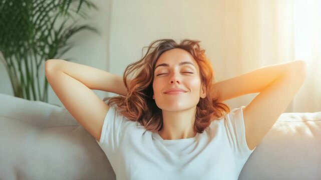 Young woman enjoys a moment of peace and relaxation on her comfortable sofa, relieving stress and practicing effective time management by taking a break