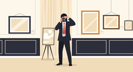 Photography Enthusiast Capturing Artwork In A Spacious Modern Gallery With Artwork