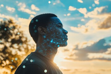 Data processing visualizes exploration of nature by African American man on a hike during sunset, data processing over african american man hiking