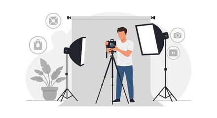 Photography Studio With Photographer Taking Photo By Professional Equipment