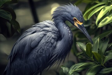 Fototapeta premium Rare bird inspects surroundings with keen attention in lush green foliage, rare bird looks closely at the sides