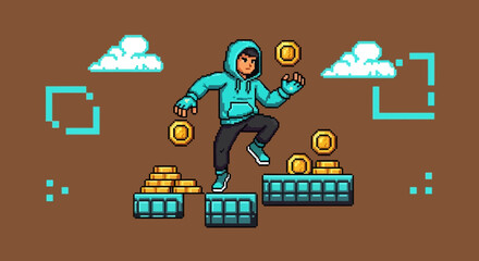 Pixelated Adventure Man Jumping Collects Coin In A Retro Video Game Platform