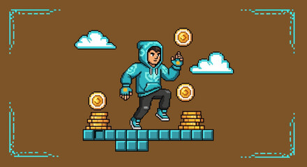 Pixelated Character Adventuring Through A World Full Of Coins And Clouds
