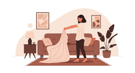 Woman Arranging Throw Blanket Over Couch In Stylish Living Room Interior