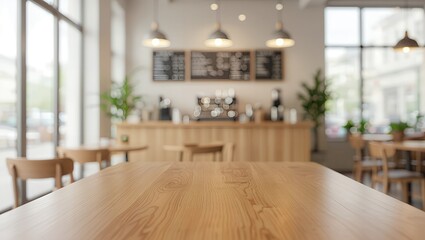 A blurred view of a cafe interior with tables and chairs visible